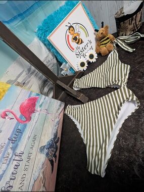 Source Unknown Olive Green and White Striped Two-Piece Bikini